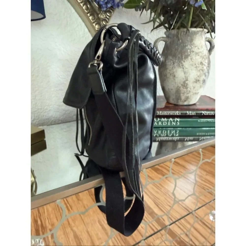 Christopher Kon Black Leather Hobo Crossbody Bag Braided Strap Fringe Tassels